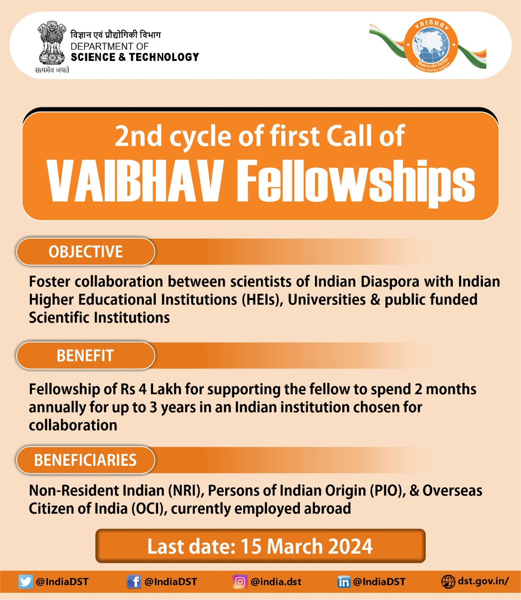 .<a href="/IndiaDST/">DSTIndia</a> invites applications from Indian diaspora in Science &amp; Technology under #VAIBHAV Fellowship  to collaborate with Indian institutions and enrich them with their unique thoughts &amp; experiences in S&amp;T.  The Fellowship will support them to spend up to two months in a year