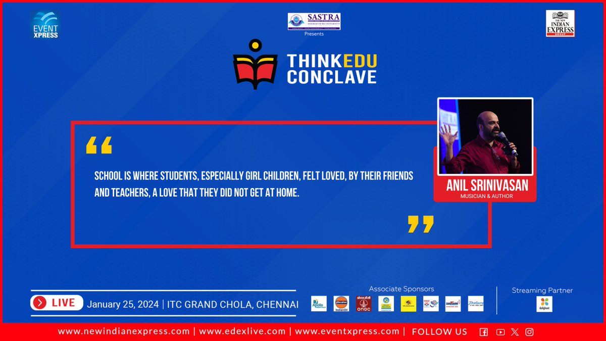 . @anilsrinivasan at #ThinkEdu2024.

@SastraUniv @HPCL @SVaidhyasubrama @ONGC_ @BPCLimited @gailindia @HospitalsApollo @AhaguruCom