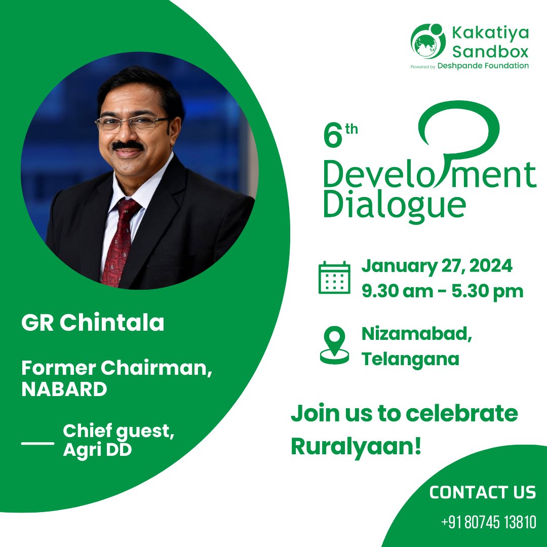 KakatiyaSandbox's tweet image. Exciting News!

We&apos;re honoured to have Govinda Rajulu Chintala, former Chairman, NABARD - National Bank for Agriculture and Rural Development, join us at the Development Dialogue!

Call +91 80745 13810 to book your tickets!

#agriculture #DD #DevelopmentDialogue #agriculteurs