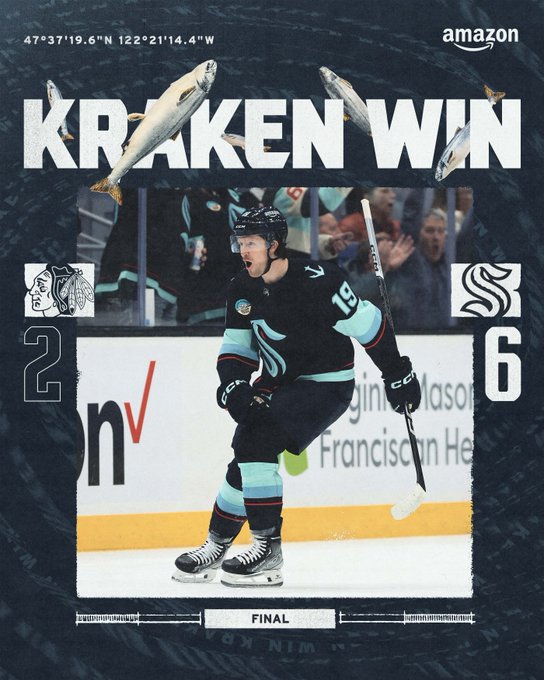 kraken win graphic with photo of McCann celebrating blackhawks: 2 kraken: 6