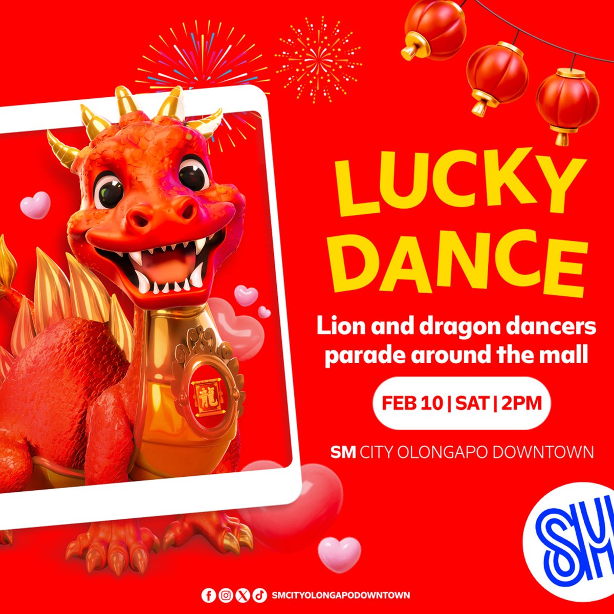 Roar & immerse yourself in the spirit of the dragon this Chinese New Year by watching this year's Dragon Dance at SM City Olongapo Downtown on Feb 10, Sat, 2PM.
Bring the #LuckInLoveAtSM & witness an electrifying performance that will surely bring all the good fortune this 2024.