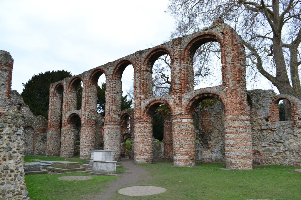 The Priory Remains of St Julian and St Botolph, Colchester, Essex. The first Augustinian monastery in England. The Priory was founded in 1103. The Priory was closed in 1536. The church was used until the English Civil War of the 1640's.