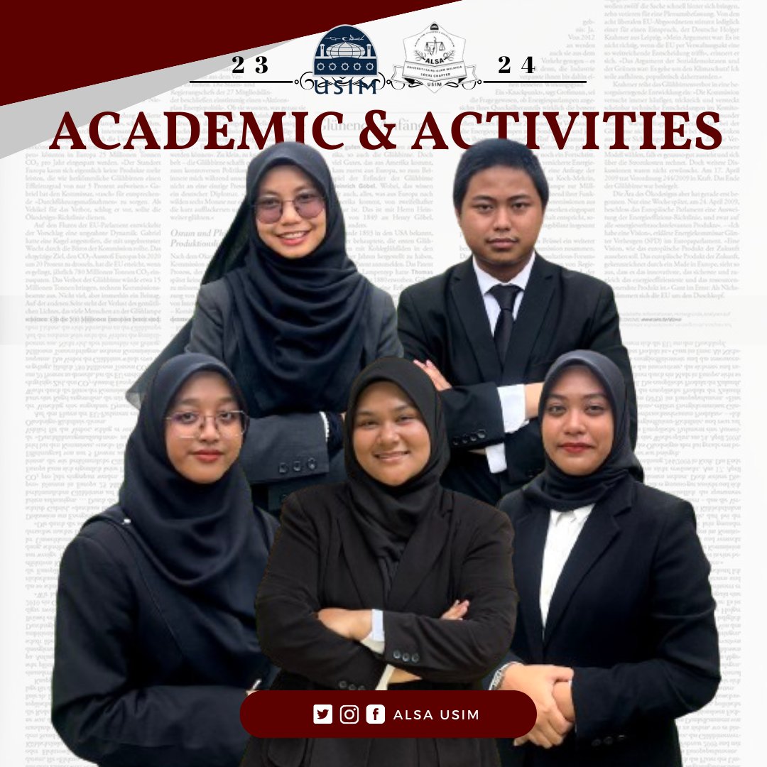 ✨ Greetings from ALSA USIM!✨

Introducing the amazing team of Academic &amp; Activities Department for the 2023/2024 tenure. Let’s gather and collaborate to exchange ideas, making our programs even better! Together, we’ll achieve greatness! 🌟

“ALSA Always Be One”

#alsausim2324
