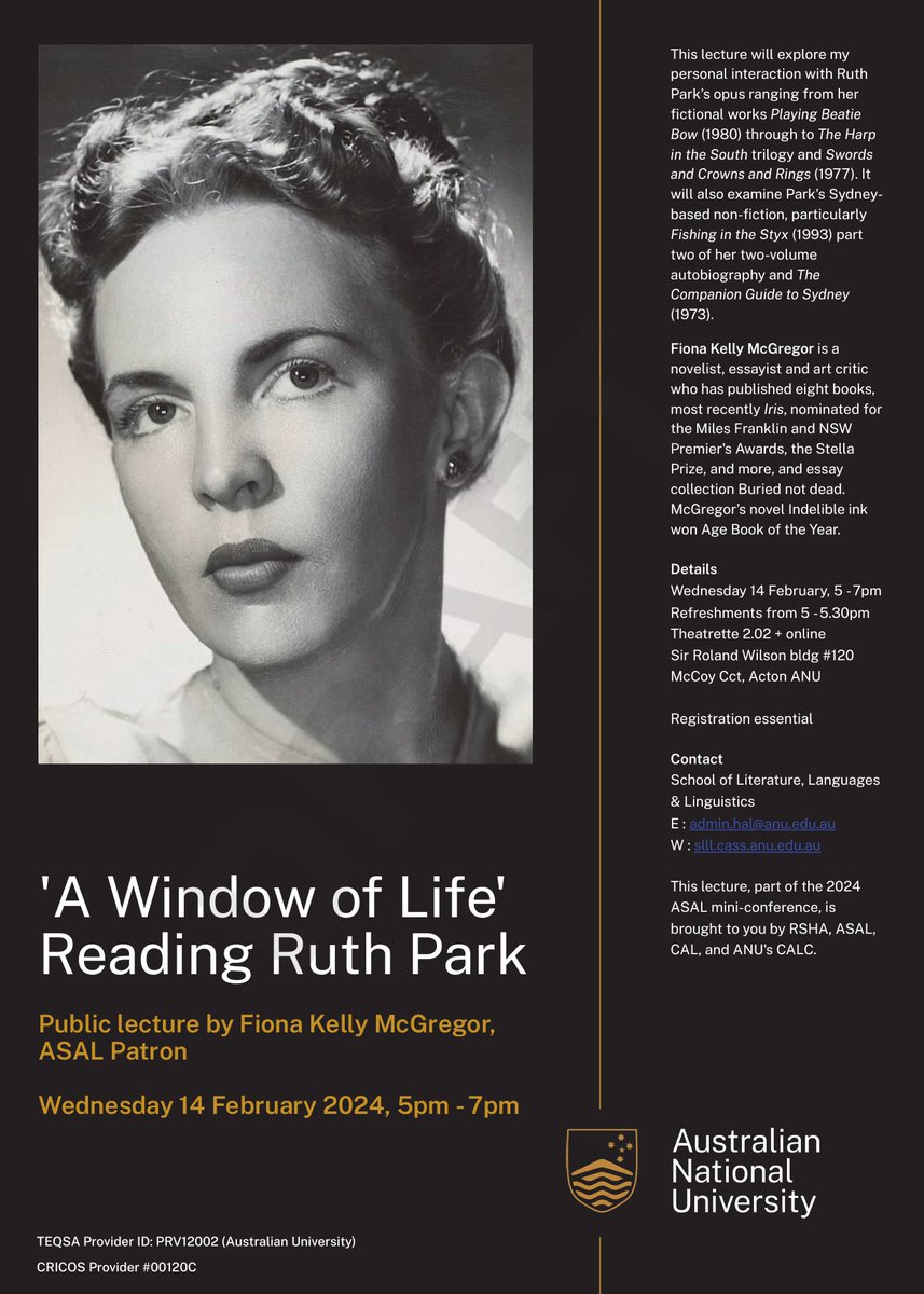 Fiona Kelly McGregor is delivering the ASAL Patron’s lecture on Wednesday February 14, 5-7pm. This lecture is part of the @ASAustLit mini-conference on Ruth Park c/o @CopyrightAgency, @ANU_RSHA  and @ANUslll. Registration in first comment for in person or zoom attendance.