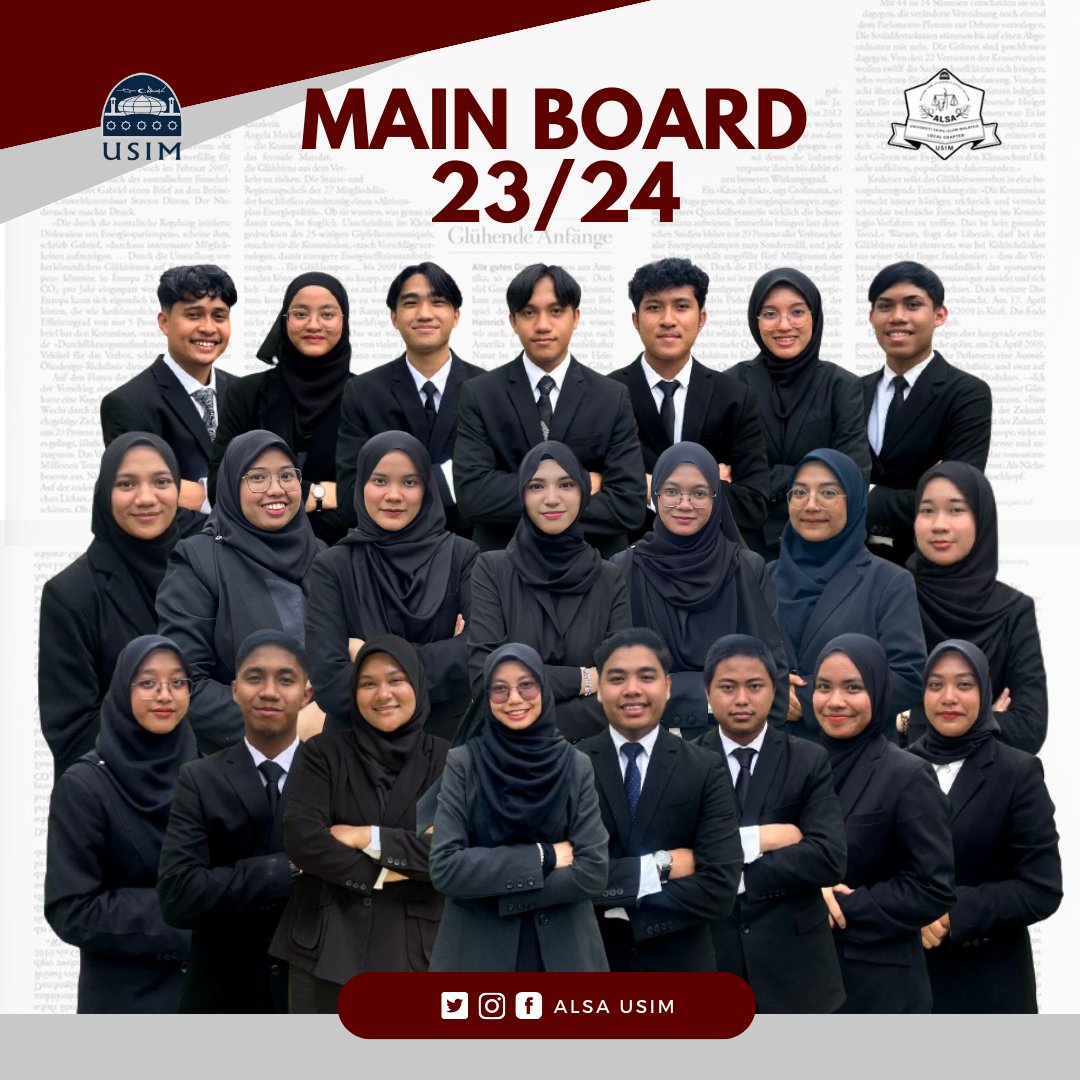 ✨Greetings from ALSA USIM! ✨

We’re thrilled to share with you the complete lineup for the new ALSA Committee Members in 2023/2024.

We can’t wait to begin this exciting journey and make ALSA USIM soar to new achievements! 💪🏻

“ALSA Always Be One”

#alsausim2324