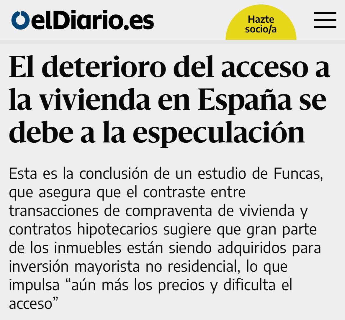 Solo 4 de cada 10 compras de vivienda se realizan con hipoteca. Las demás, a tocateja. ¿Qué quiere decir esto? Que la mayoría de casas se compran para invertir, no para vivir.

Traficantes que se enriquecen especulando con un derecho humano. Hay que pararles los pies.