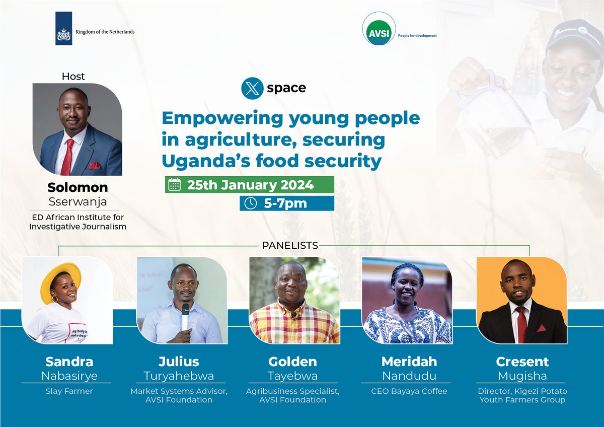 Join us today at 5pm (EAT) for Twitter Space as we discuss: Empowering young people in agriculture, securing 🇺🇬 food security with @SolomonSerwanjj. @NLinUganda @FondazioneAVSI