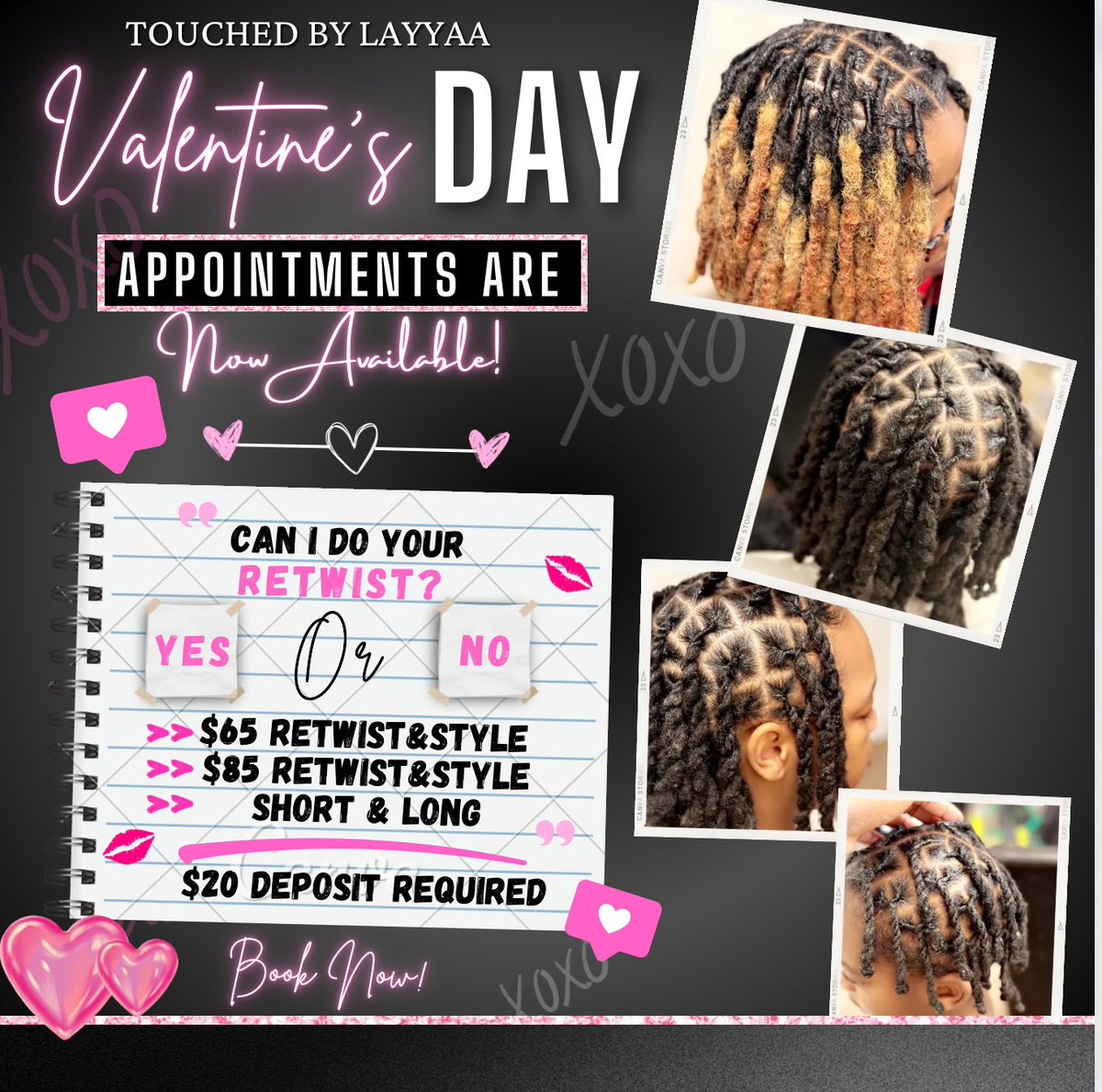 Layyaaa_'s tweet image. TOUCHED BY LAYYYAAAA IS RUNNING A SPECIAL 💕😮‍💨

YALL LOVE DEALSSSS SO HERE YALL GO 💞🌹❤️

Starting January 22-Feb 15 ILL BE RUNNING A VALENTINE SPECIAL RETWIST &amp;amp; STYLE $65 (Short length) $85 (longer lengths)

TouchedbyLayyaa.as.me