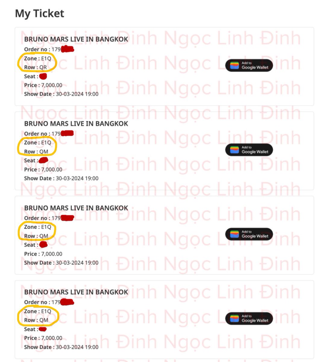 LinhChanHee's tweet photo. WTS - Bruno Mars World Tour in Bangkok.

❄️ 3x E1Q | row M | Seat 2x (side by side)
❄️ 1x E1Q | row Q | Seat <10

Not the original price. Please dm!
#BrunoMarsBKK #BrunoMarsinBangkok #BrunoMars #BrunoMarsBKK #BrunoMarsliveinBangkok #BrunoMarsBKK https://t.co/DFeRlhKUfu