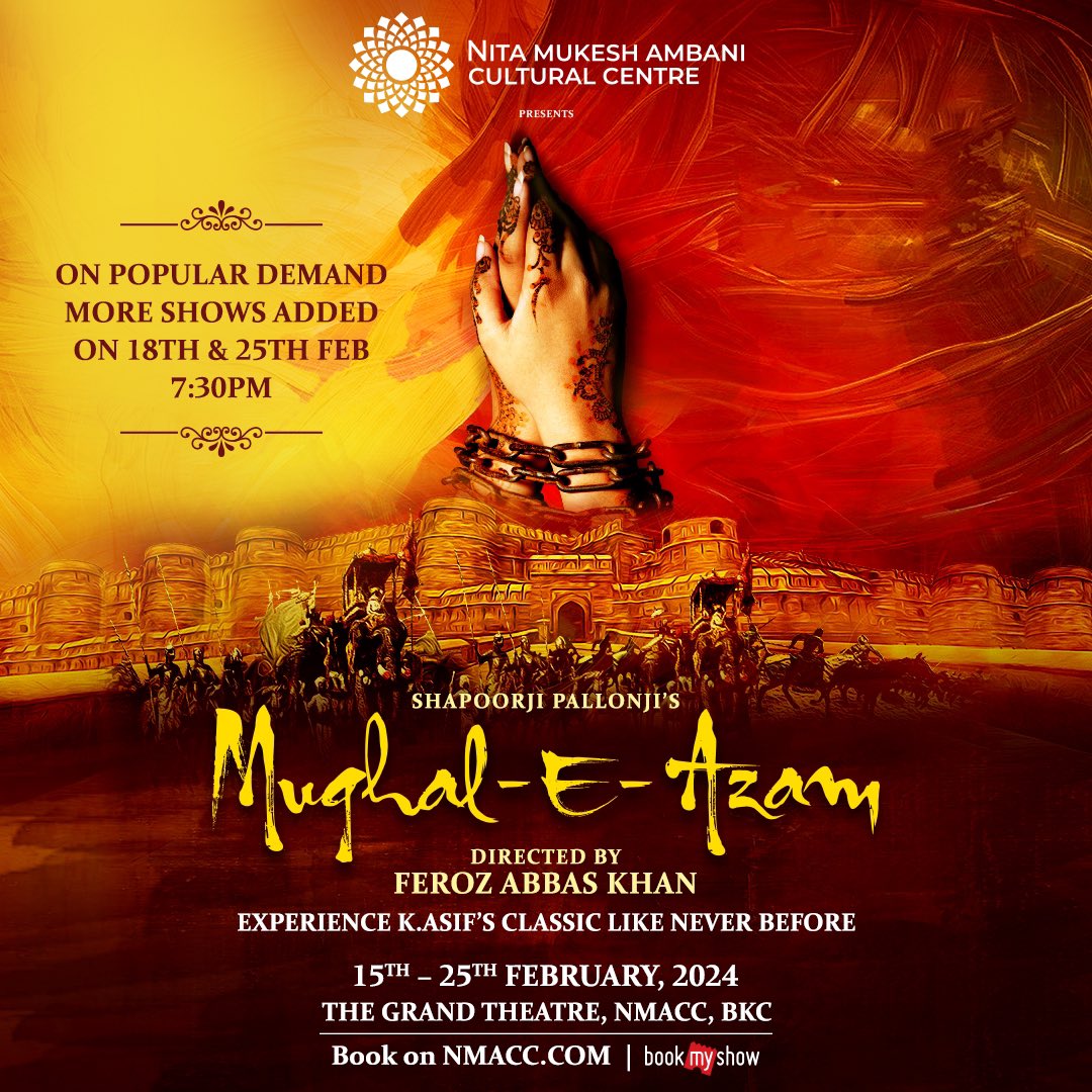 MORE SHOWS ADDED ON POPULAR DEMAND Captivating hearts across the globe, the timeless love story - 'Mughal-E-Azam' is all set for its grand debut at #NitaMukeshAmbaniCulturalCentre FILLING FAST | 15th February-25th February 2024 Book your tickets now on nmacc.com