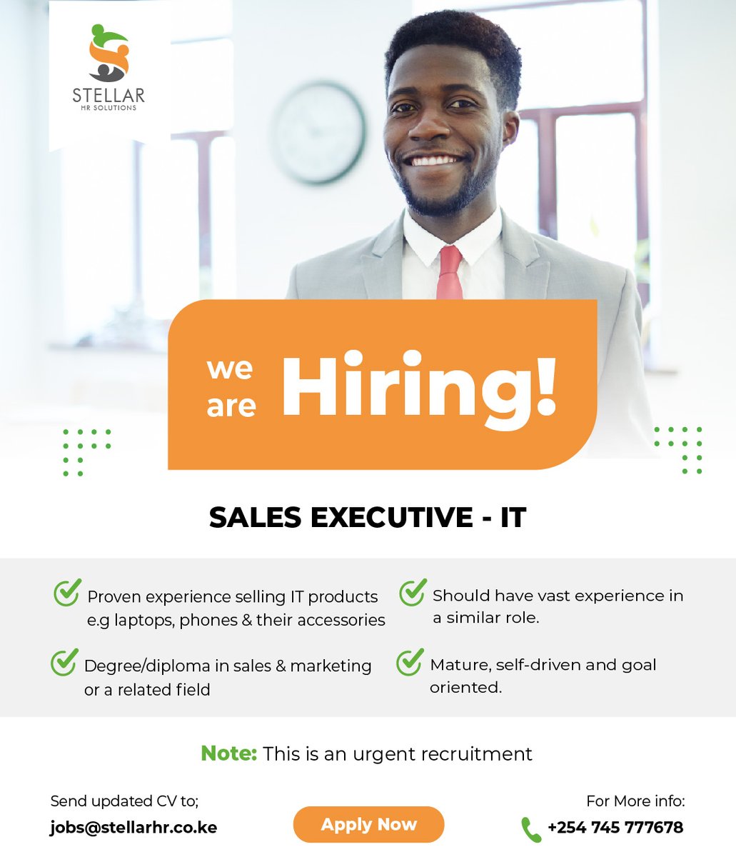 #wearehiring

Are you looking for an exciting opportunity as an Sales Executive?

 Here's an opportunity awaiting you!

Experience selling IT products is required for this role.

Apply now via jobs@stellarhr.co.ke

#salesexecutive #IT #jobs #IkoKaziKE