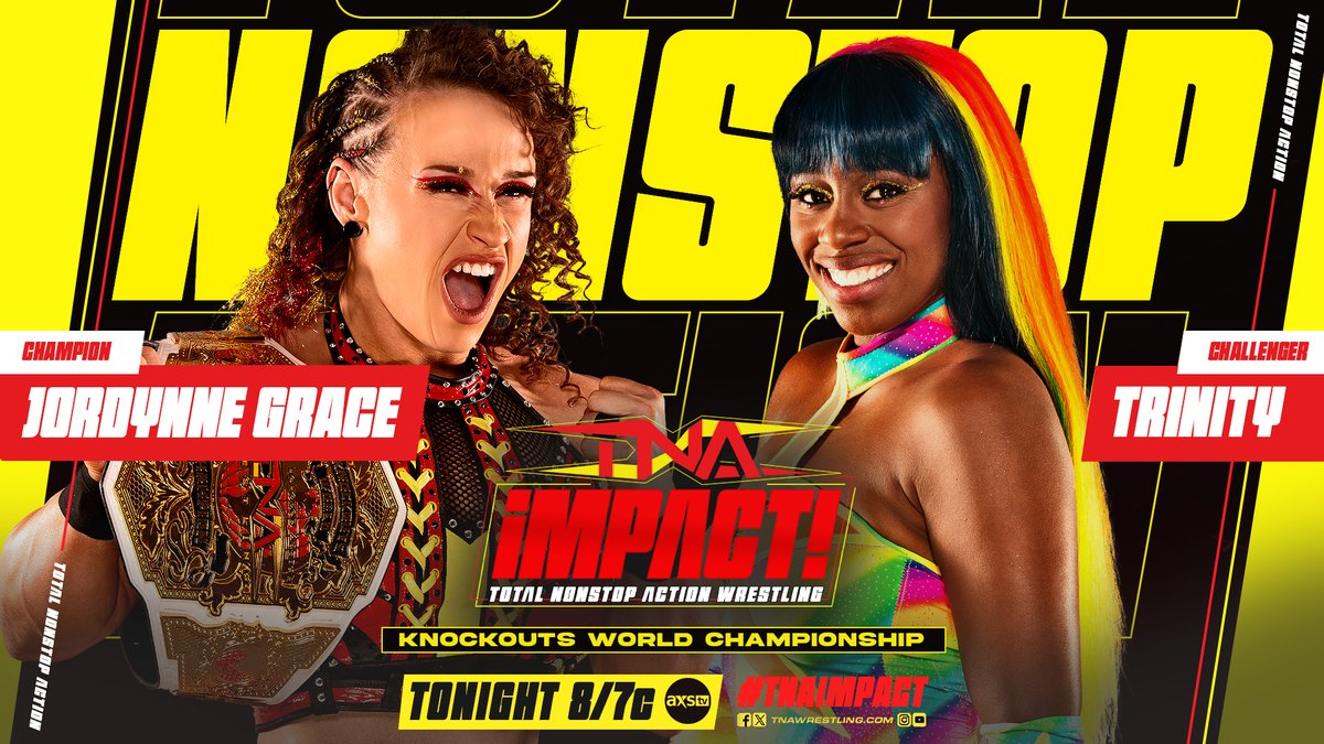 TONIGHT at 8/7c on #TNAiMPACT! @TheTrinity_Fatu challenges @JordynneGrace for the Knockouts World Championship. Can Trinity reclaim the gold, or will Grace prove to be unstoppable?!