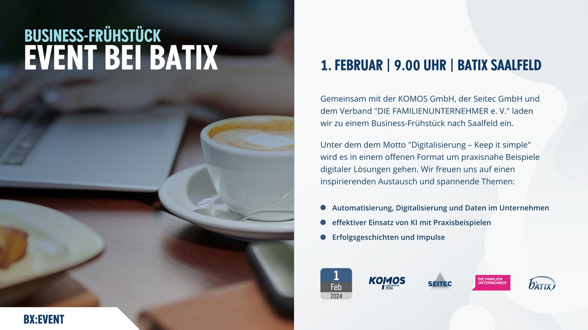 Einladung zum Business-Frühstück “Digitalisierung – Keep it simple” 💻 | 1. Februar 2024 | 9.00 Uhr

Die Plätze sind begrenzt – jetzt noch schnell anmelden:

familienunternehmer.eu/veranstaltunge… 🚀