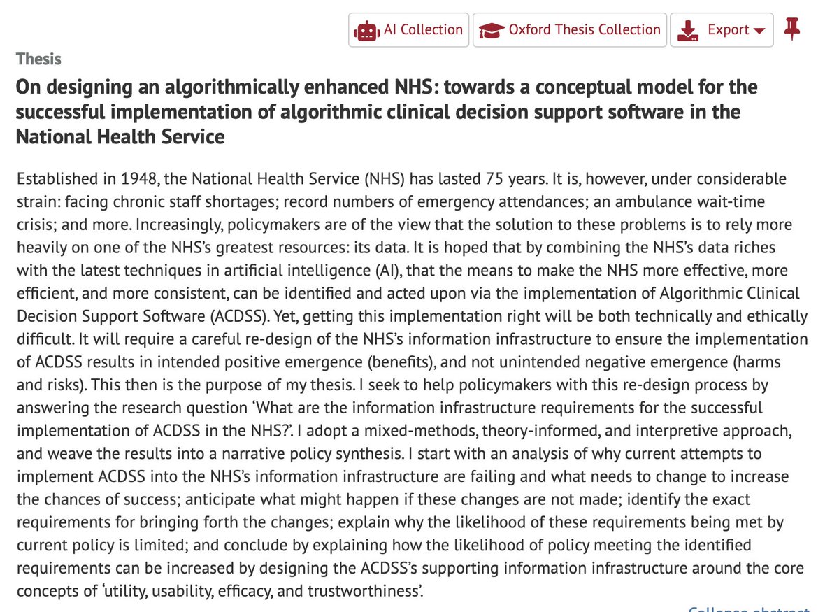 HOW CAN WE MAKE AI WORK IN THE NHS? HOW CAN WE MAKE NHS INFO INFRASTRUCTURE FIT FOR THE 21ST CENTURY? These are *BIG* questions. Now you can read my (long) answer because MY THESIS “Designing an algorithmically enhanced NHS” is available online: ora.ox.ac.uk/objects/uuid:0… 🧵