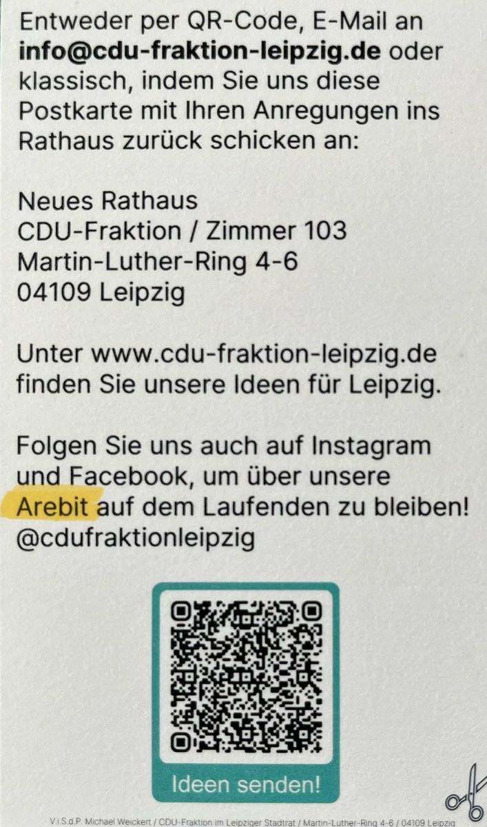 Pierre (@pierreunso) on Twitter photo Mich würde ja interessieren, wie viele Postkarten die <a href="/cduleipzig/">CDU Leipzig</a> mit diesem Fehler gedruckt und verteilt hat. Schätzungsweise an einen Großteil der Leipziger / LK Leipzig? Paar hunderttausend? Lul Mich würde ja interessieren, wie viele Postkarten die <a href="/cduleipzig/">CDU Leipzig</a> mit diesem Fehler gedruckt und verteilt hat. Schätzungsweise an einen Großteil der Leipziger / LK Leipzig? Paar hunderttausend? Lul