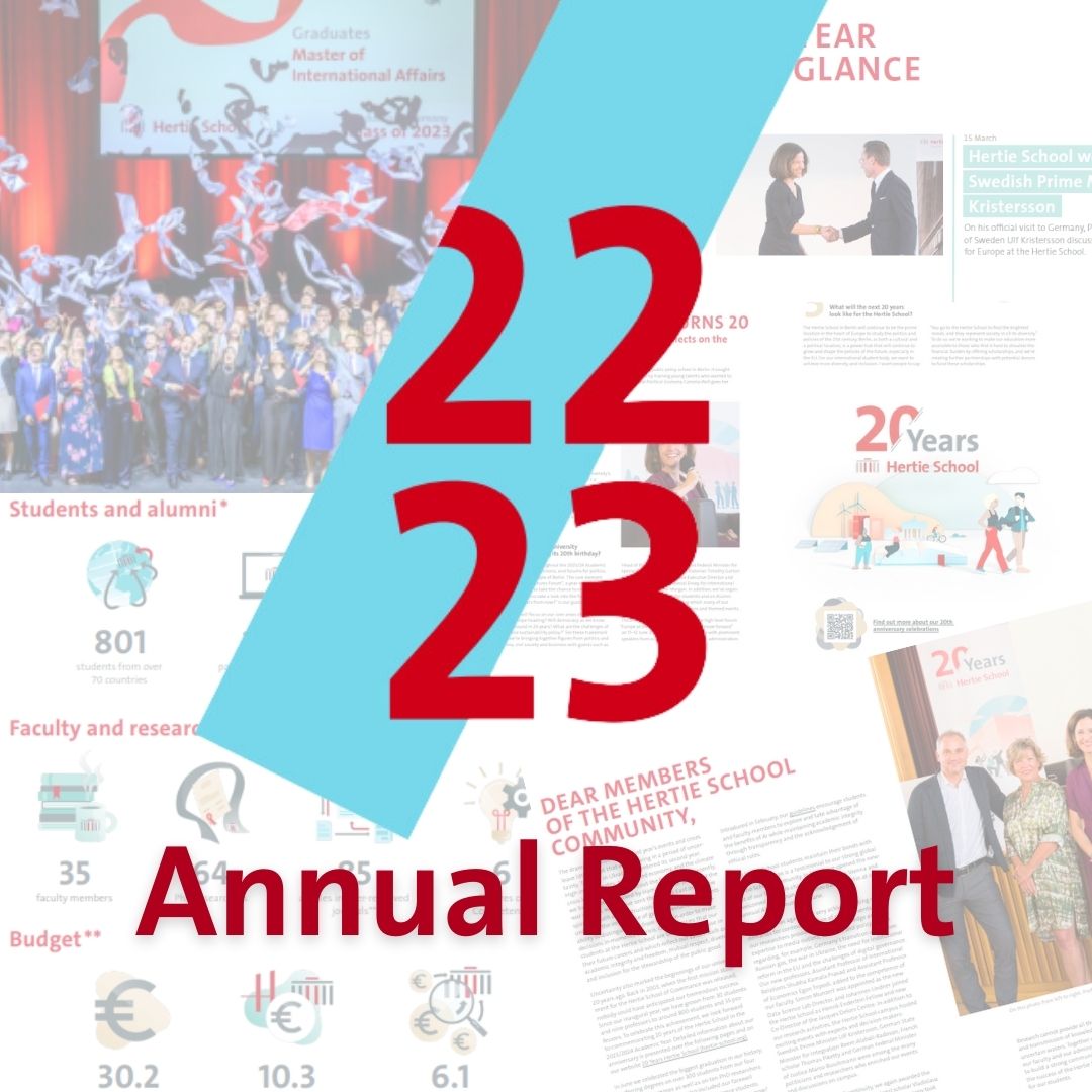 Hot off the press 🔥 Our annual report covering the 2022/23 Academic Year is out! Browse through 52 pages of: 📊 facts and figures 👩‍🎓 alumni interviews 🏛️ academic and event highlights 💬 an interview with @Cornelia_Woll about #20YearsHertieSchool 🔗 bit.ly/3u0GnQy