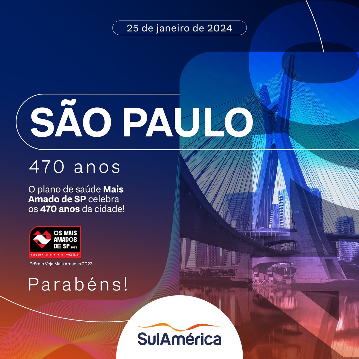 Hoje, a cidade de São Paulo completa 470 anos de história, cultura e diversidade. E o plano mais amado está junto nessa! A SulAmérica tem orgulho de estar presente na vida de milhares de paulistanos, oferecendo saúde de qualidade e atendimento personalizado. Que nesse novo ano…