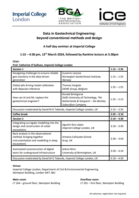 The Pre-Rankine half day seminar 'Data in Geotechnical Engineering: beyond conventional methods and design' 
will be held at Imperial College London on the 13th March 2024, followed by Rankine lecture at 5:30pm.