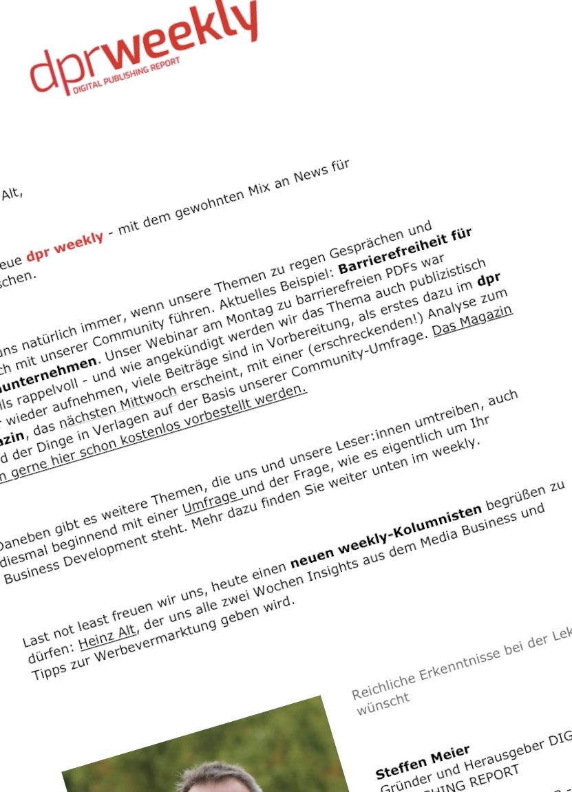 Danke, lieber ⁦@steffenmeier⁩ für die freundliche Begrüßung als Kolumnist im Weekly-Newsletter des Digital Publishing Report. Freue mich auf spannenden Austausch mit der dpr-Community. Zur Newsletter-Bestellung, hier lang. digital-publishing-report.de/dpr-newsletter/ #MediaBusiness #Newsletter