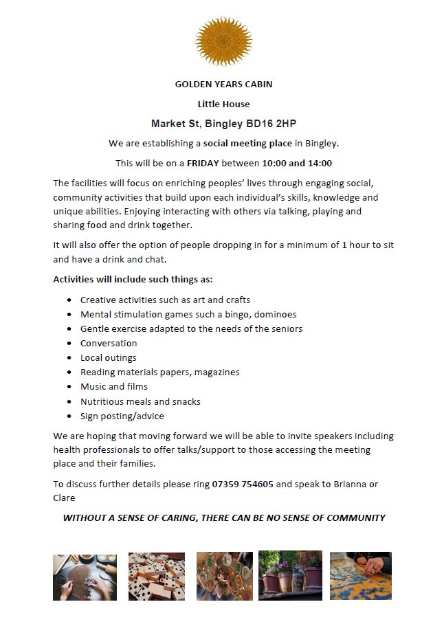 A new group beginning in Bingley tomorrow to encourage social activities and bringing new people together ☺️