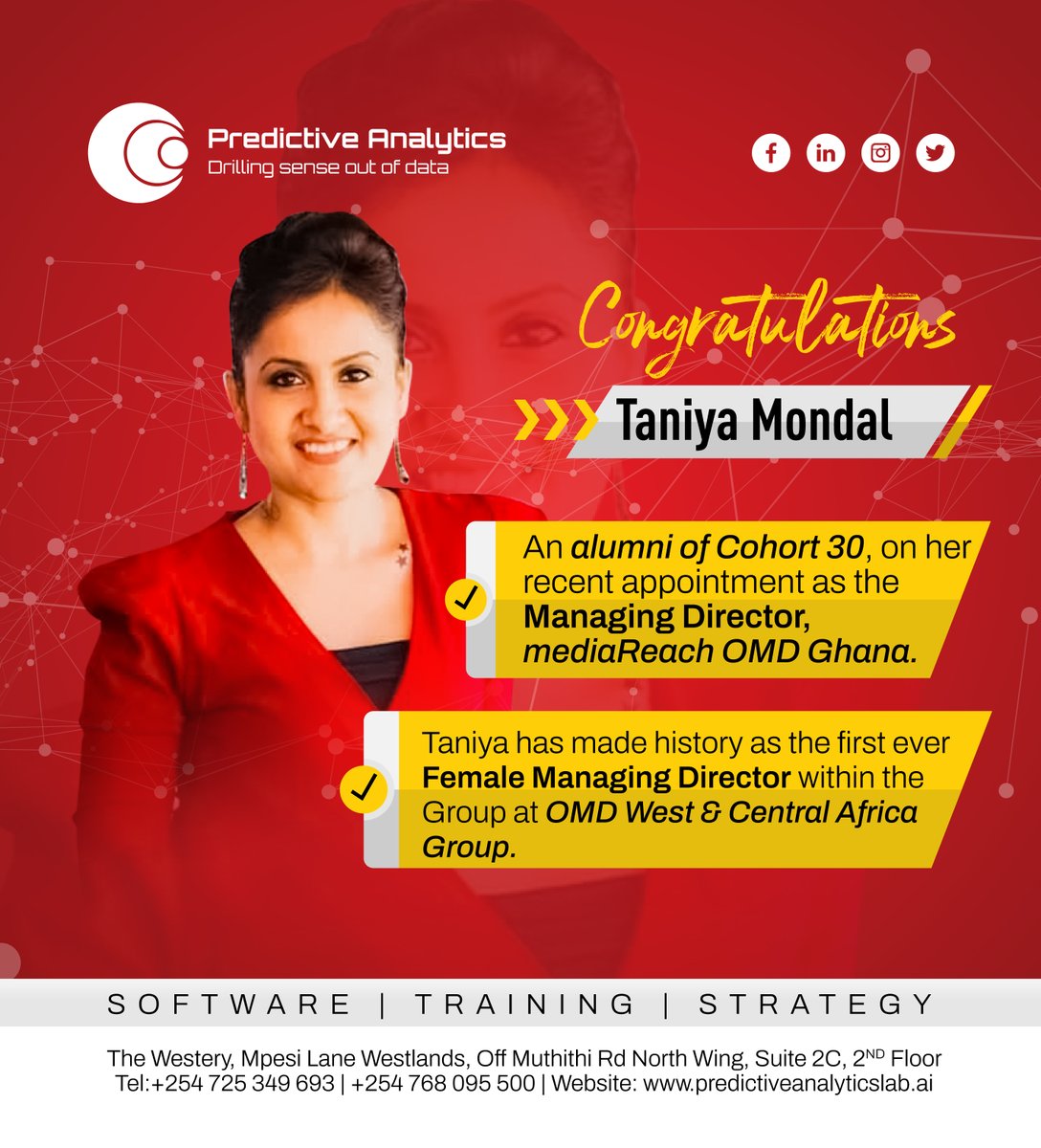 Congratulations to our cohort 30 alumni Taniya Mondal  for ascending to the role of Managing Director at mediaReach OMD Ghana. Her journey from our course to this leadership position is a testament to her dedication and expertise.

#alumnipride #AlumniSuccess #DataScience