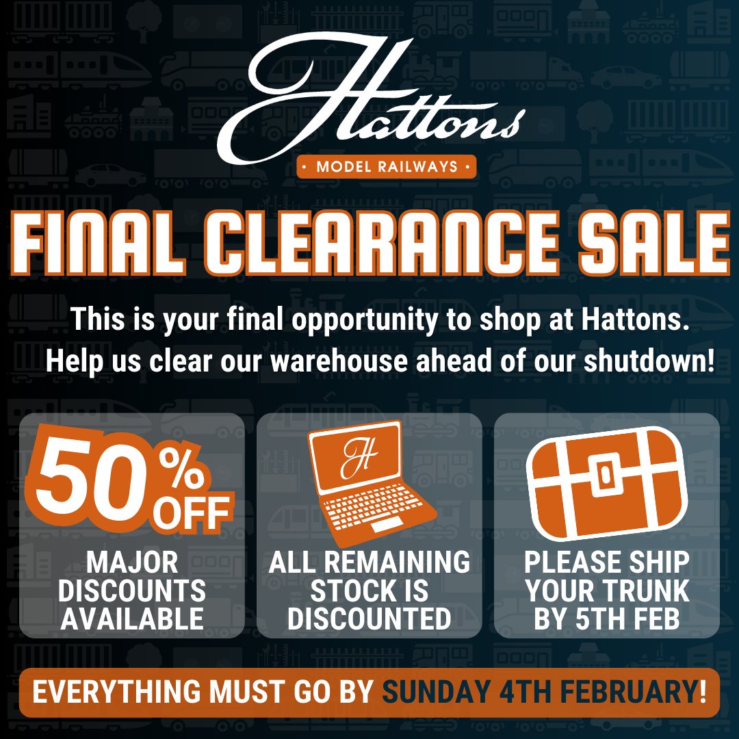 📣 This is your final opportunity to shop with Hattons Model Railways! 

View our Final Clearance Sale: bit.ly/3Sf04fm

EVERYTHING MUST GO BY SUNDAY 4TH FEBRUARY!