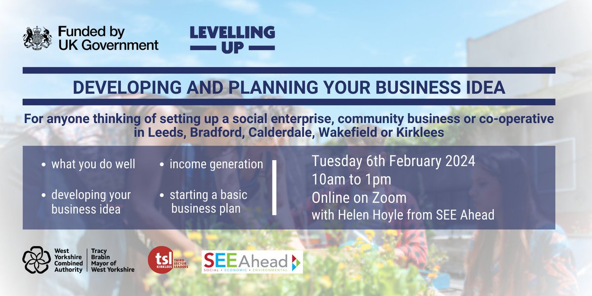 💡Developing and Planning Your Business Idea, Tues 6 Feb, 10am-1pm, Online Free business start-up workshops for anyone in WY with community-focused ideas - eventbrite.co.uk/e/developing-a… This project is funded by the UK government through the UK Shared Prosperity Fund. #UKSPF