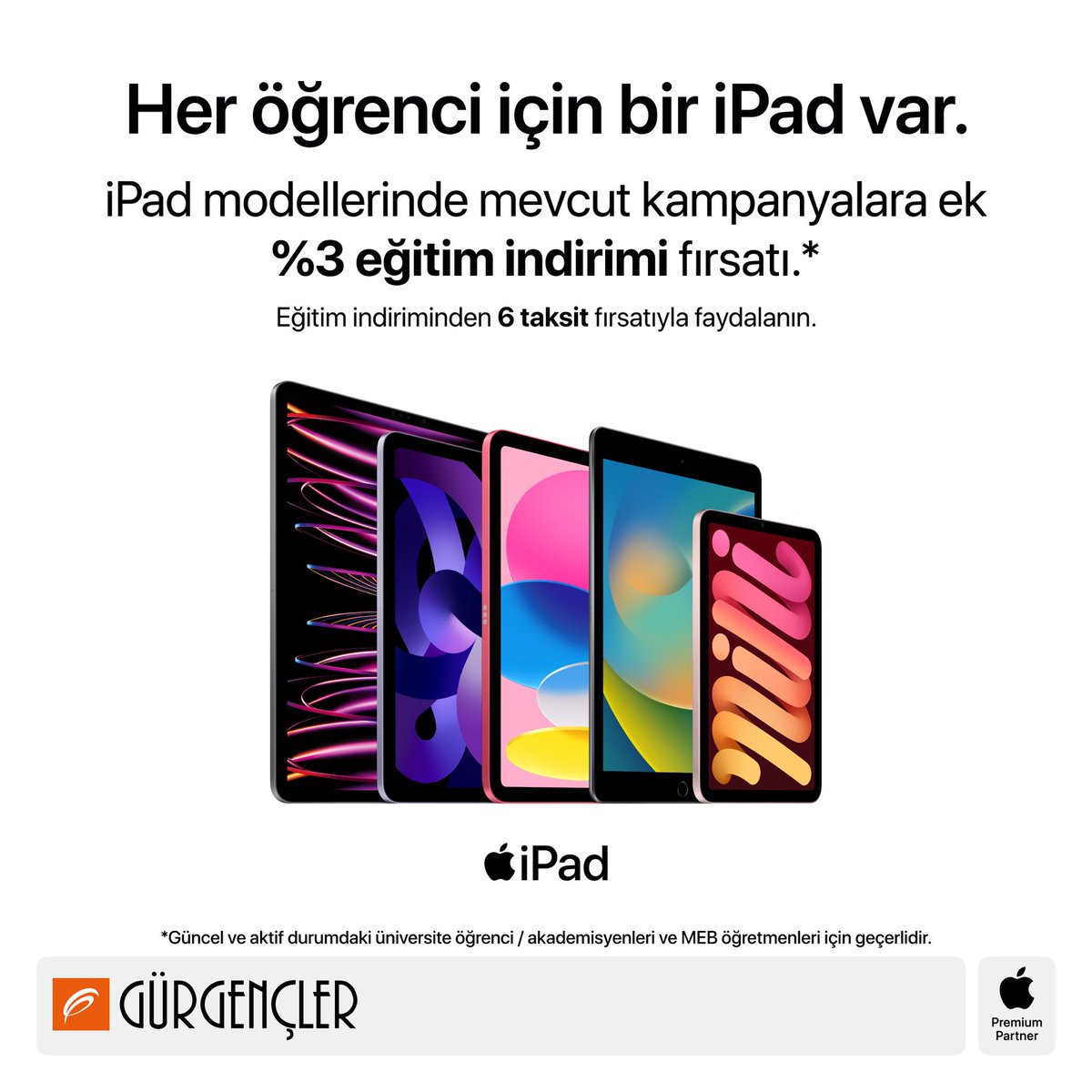 iPad modellerinde mevcut kampanyalara ek %3 eğitim indirimi fırsatı. Eğitim indiriminden 6 taksit fırsatıyla faydalanın. 🎉 Detaylı bilgi için size en yakın Gürgençler mağazasını veya gurgencler.com.tr adresini ziyaret edin. 🧡 #Apple #Gürgençler #Eğitimİndirimi #iPad