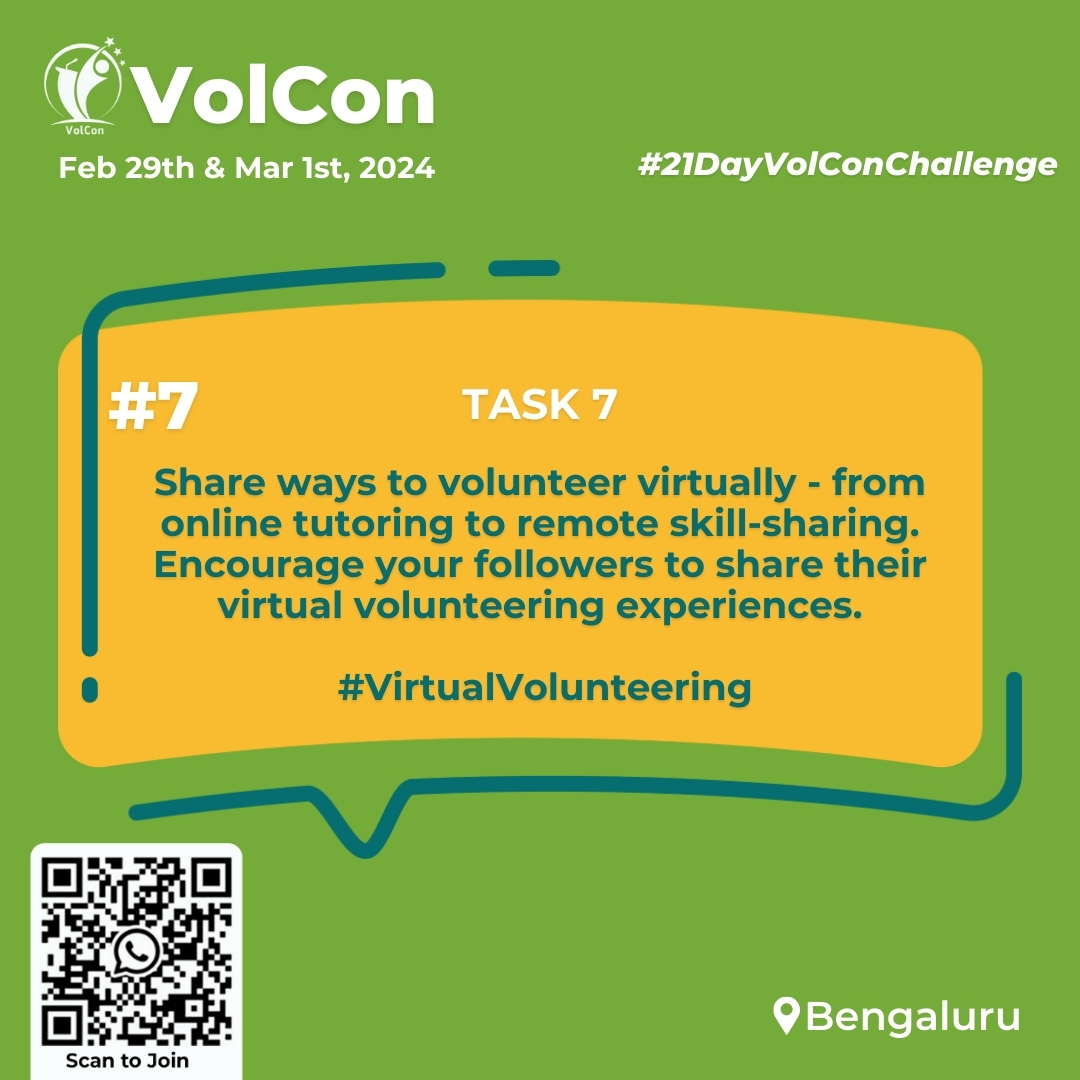 📲💻 In a world connected by screens, let's explore the power of virtual volunteering.

🌟 Task 7: Embrace Virtual Volunteering

🎯 Use the Hashtags: #VirtualVolunteering and #21DayVolConChallenge

✨ Register for #Volcon2024 at volcon.in