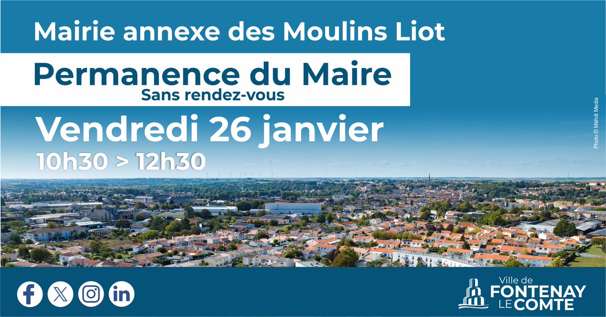 Permanence mensuelle du Maire à la nouvelle mairie annexe des Moulins Liot (Maison des habitants) ce vendredi 26 janvier de 10h30 à 12h30.
✅ Sans rendez-vous
Mairie annexe des Moulins Liot
Maison des Habitants - Centre commercial
Avenue du Président Georges Pompidou