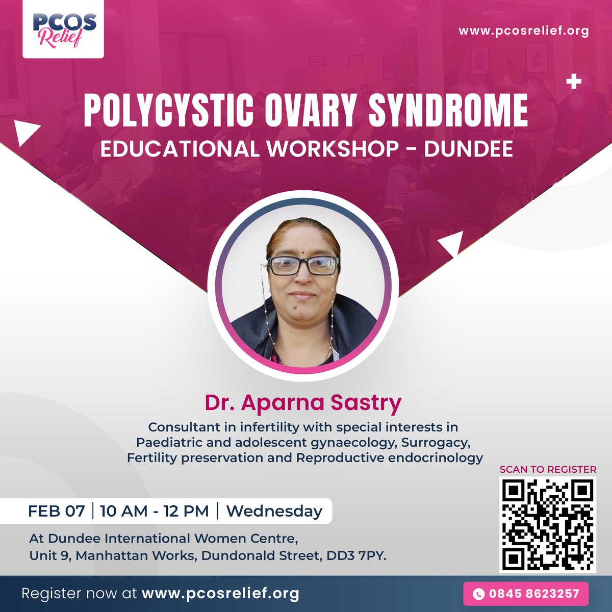 Excited to welcome you to the PCOS Relief Polycystic Ovary Syndrome Educational Workshop in Dundee on Feb 7, 2024 - Wed. 10 AM - 12PM!

Register now: tinyurl.com/PCOSReliefDund…

Speaker:
- Dr. Aparna Sastry.
@SANTANUACHARYA3 @NHSGGC @NHSScotland