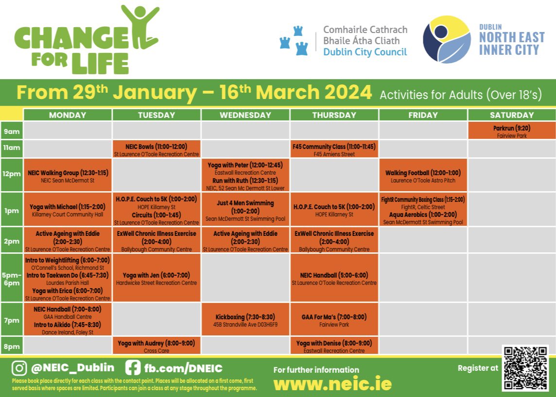 28 free / low cost exercise classes being run every week until St Patrick’s Day in Dublins North East Inner City, get involved, register @ bit.ly/Change2024