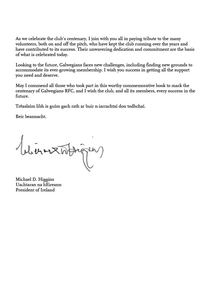 President of Ireland (@presidentirl) on Twitter photo President Higgins provided a foreword for the recently published history of <a href="/Galwegians_RFC/">Galwegians RFC</a>, 'Galwegians RFC Centenary 1922-2022: 100 years of Rugby History' President Higgins provided a foreword for the recently published history of <a href="/Galwegians_RFC/">Galwegians RFC</a>, 'Galwegians RFC Centenary 1922-2022: 100 years of Rugby History'