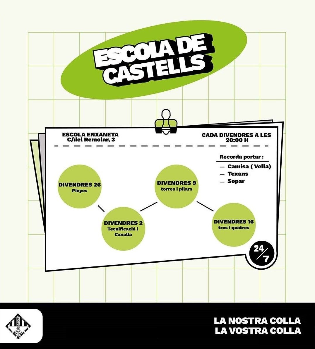 💚ESCOLA DE CASTELLS!💚
Algun cop has tingut curiositat per saber què és això dels castells? Doncs ha arribat el TEU gran moment!🙌🏼

A partir de demà, a les 20h a l'Escola Enxaneta, vine a l'ESCOLA DE CASTELLS i descobreix-nos! Gratuït i obert a tothom!🔥
#castellers #viladecans