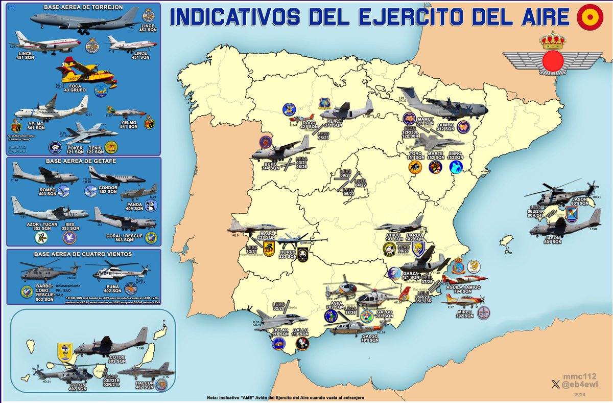 salvo error u omisión por mi parte así queda esta actualización del anterior mapa que publiqué hace unos años. aquí ya sin los P.3 Orión, las Pillán, Hercules,TM11, algún C212 etc y con las ultimas incorporaciones como el A330 o la más reciente los EC135 del @EjercitoAire