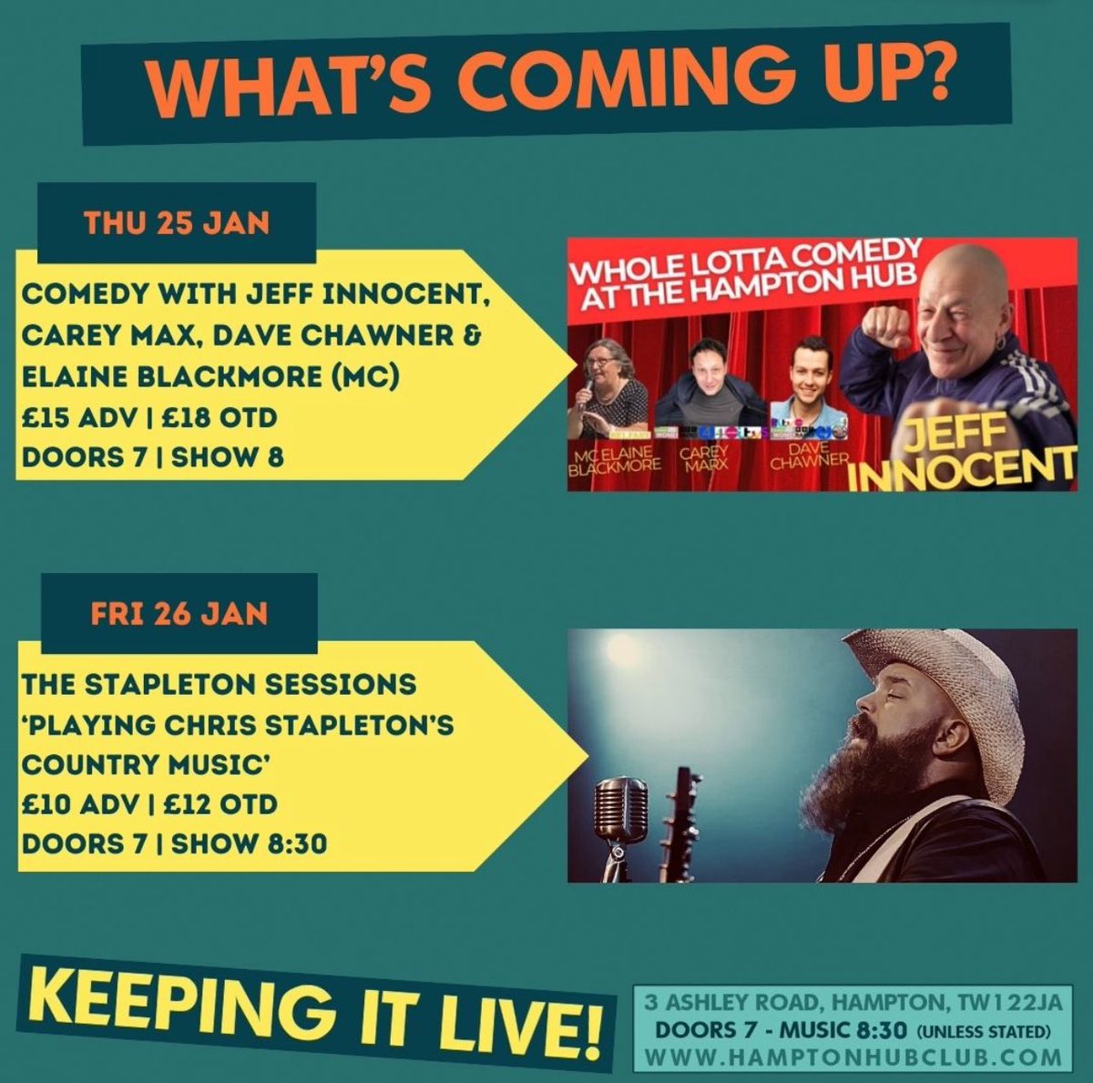 hamptonhubclub's tweet photo. NEWSFLASH: 4 shows this week. Ticket details in bio or text / call BOX OFFICE (07770 636303) to reserve. See you there and feel free to share... KEEPING IT LIVE!
#whatsonnearme #hampton #liveentertainment #comedyclub #comedynight #katebushmusic #chrisstapleton #jazz #jazzclub https://t.co/fIrImF4BLy