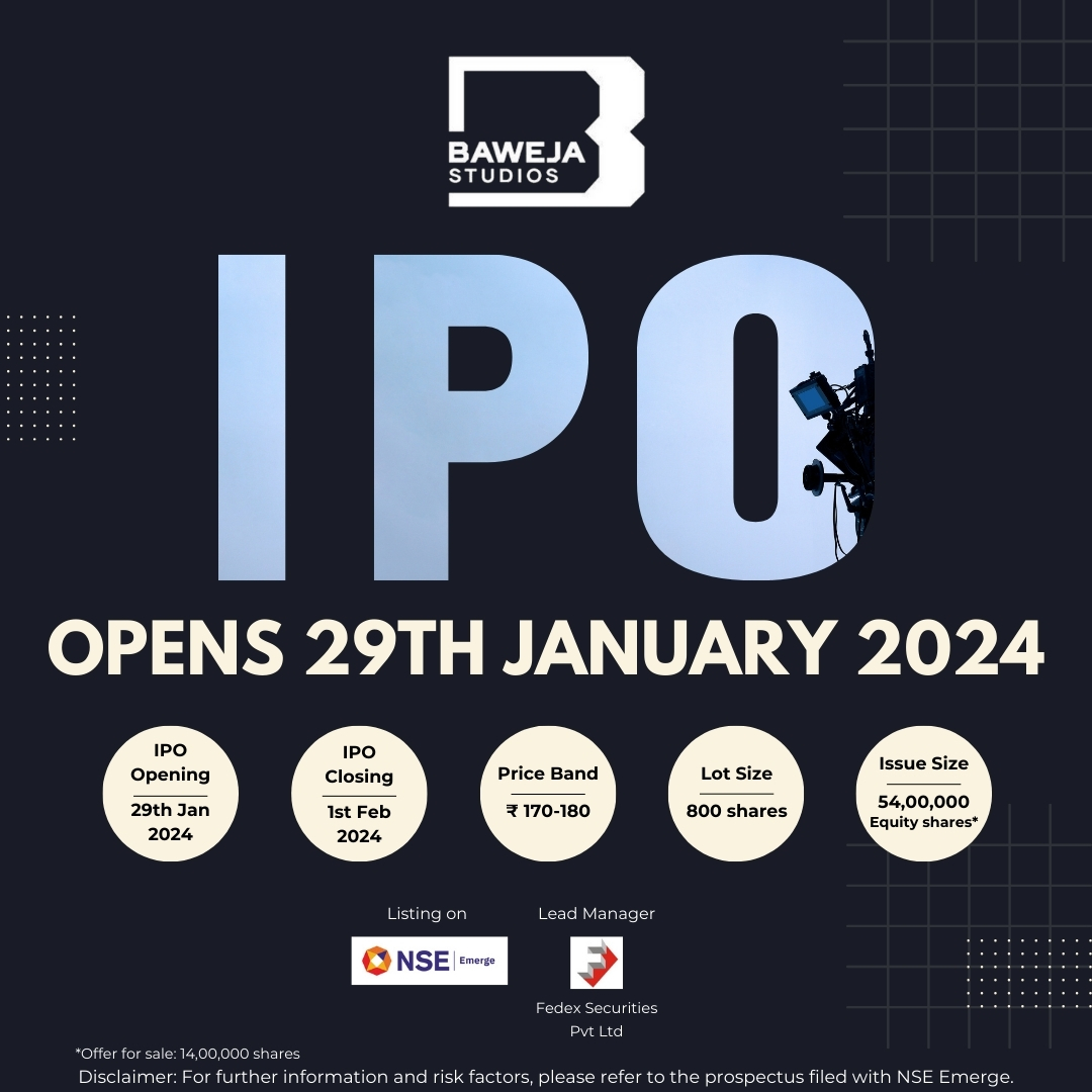 🎬 Lights, Camera, IPO! 🚀 Roll out the red carpet, Baweja Studios is making its grand entry into the stock market! Join us on our next chapter of innovation and growth on 29th January 2024. #BawejaIPO #BawejaStudios #HarmanBaweja