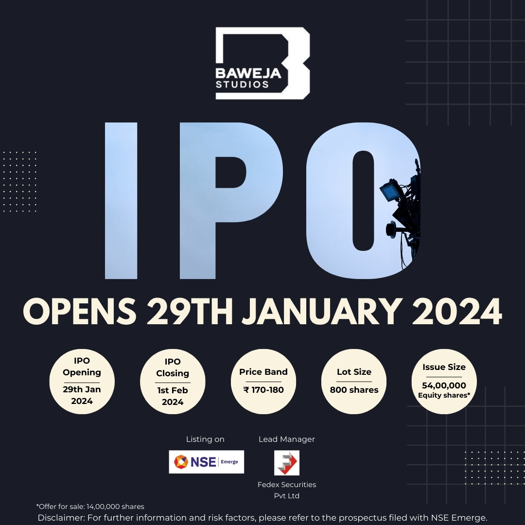 bawejastudios's tweet photo. 🎬 Lights, Camera, IPO! 🚀 Roll out the red carpet, Baweja Studios is making its grand entry into the stock market! Join us on our next chapter of innovation and growth on 29th January 2024. #BawejaIPO #BawejaStudios #HarmanBaweja https://t.co/6xtw3ImTDj