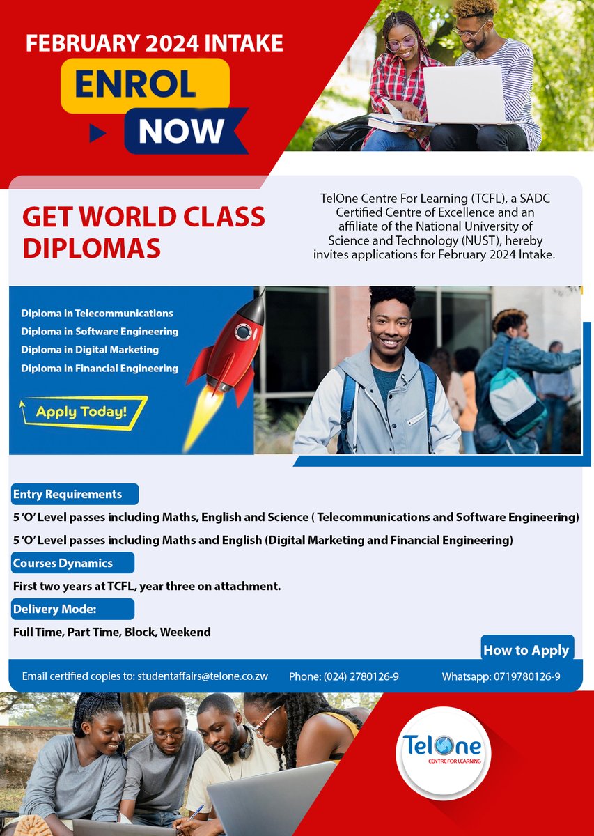 TelOneZW's tweet photo. Enrolment for the February 2024 Intake now in progress.
Donβt miss this opportunity to join @TelOneCFL and take the next step towards achieving your academic and professional goals.
#activateyourfuture https://t.co/KpWCbusK1H