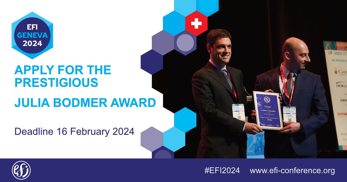 📢 THE JULIA BODMER AWARD📢
Applications are invited for the prestigious Julia Bodmer Award, to be delivered during the Opening Session at #EFI2024.
Applications must be sent in writing to the EFI Secretary via the EFI Central Office, (efioffice@lumc.nl) before February 16, 2024.