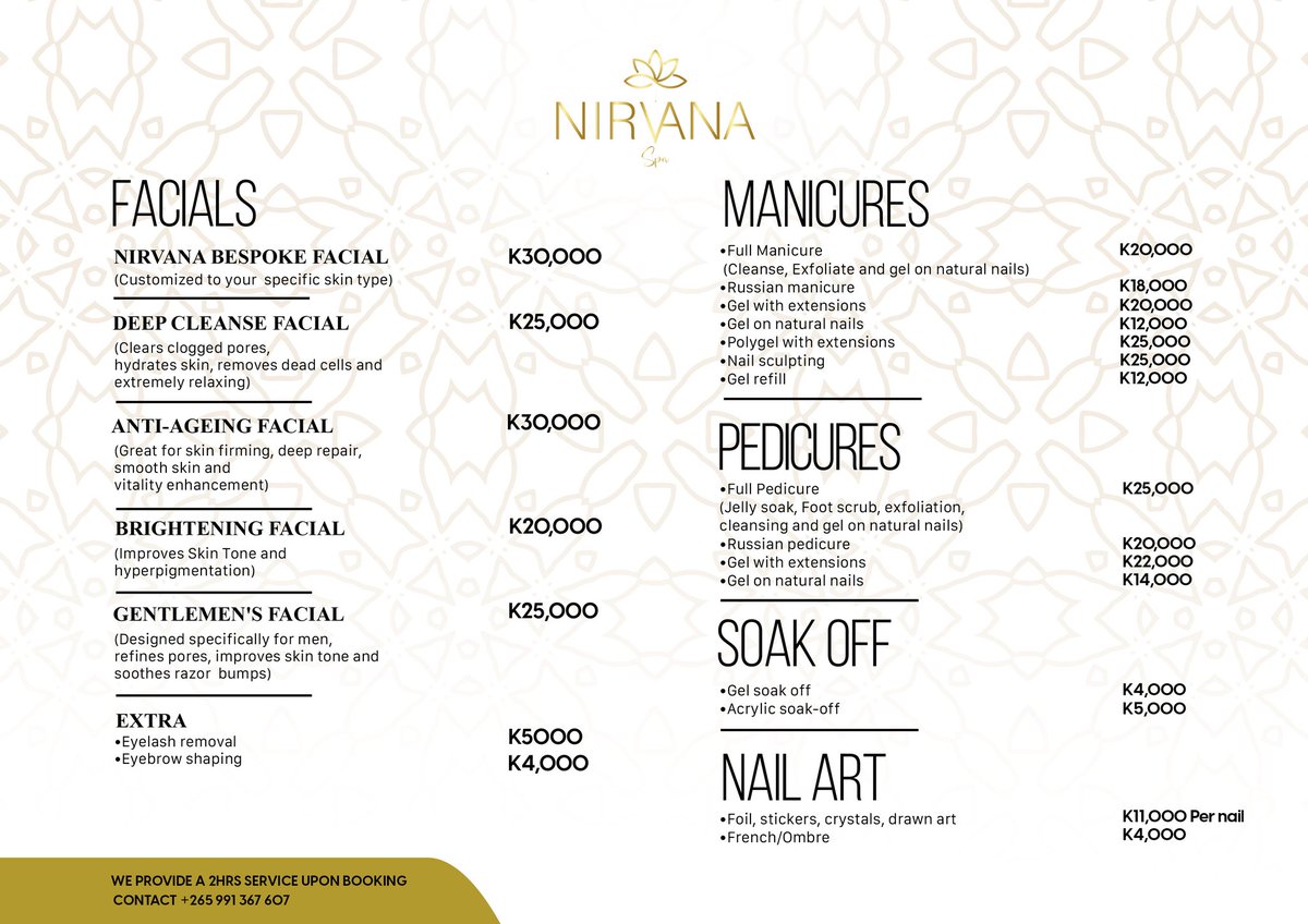 _nirvanaspa's tweet image. Nirvana Spa is ready for 2024! Explore our updated price list, book your appointment, and secure your spot now!!! 📍 Lilongwe Area 18B