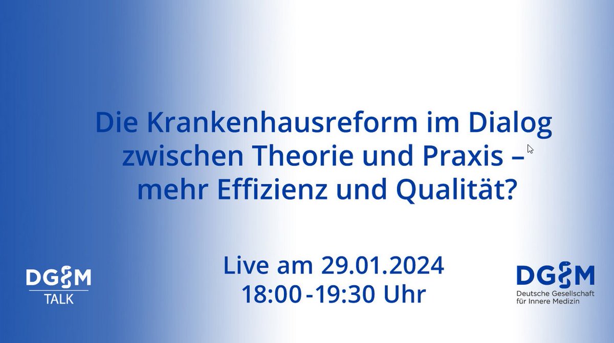 Am 29.1. findet der DGIMTalk zum Thema „Die #Krankenhausreform im Dialog zwischen Theorie und Praxis – mehr Effizienz und Qualität?“ statt. Neben der Position der @AWMF_eV geht es auch um die aktuelle gesundheitspolitische Einordnung. 👉 tinyurl.com/y8cb3bhv