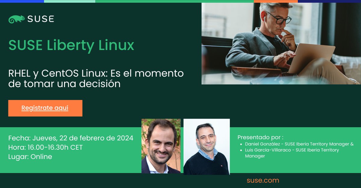 No te pierdas nuestro webinar sobre #SUSE Liberty Linux: una solución que pretende prolongar la viabilidad de varias distribuciones #Linux empresariales sin necesidad de migración y con una gestión futura simplificada.
Más info y registro ➡️ okt.to/OsJKUd