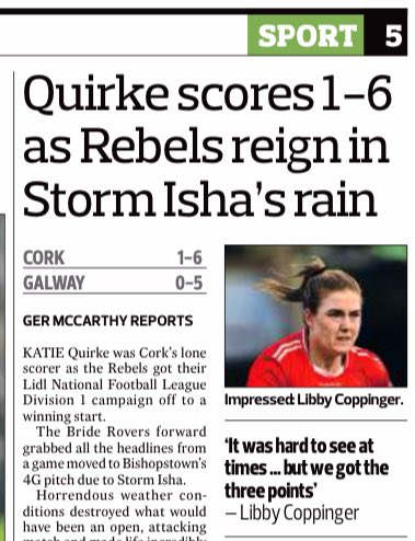 👩‍💻READ my full-page 1,500-word @LadiesFootball coverage in this week’s @SouthernStarIRL @WestCorkSport 🏐MATCH report, analysis, reaction and comments from @spronayne and @libbycopp following 🔴⚪️ @CorkLGFA’s @lidl_ireland @LadiesFootball Nat League Div1 win over 🟣⚪️…