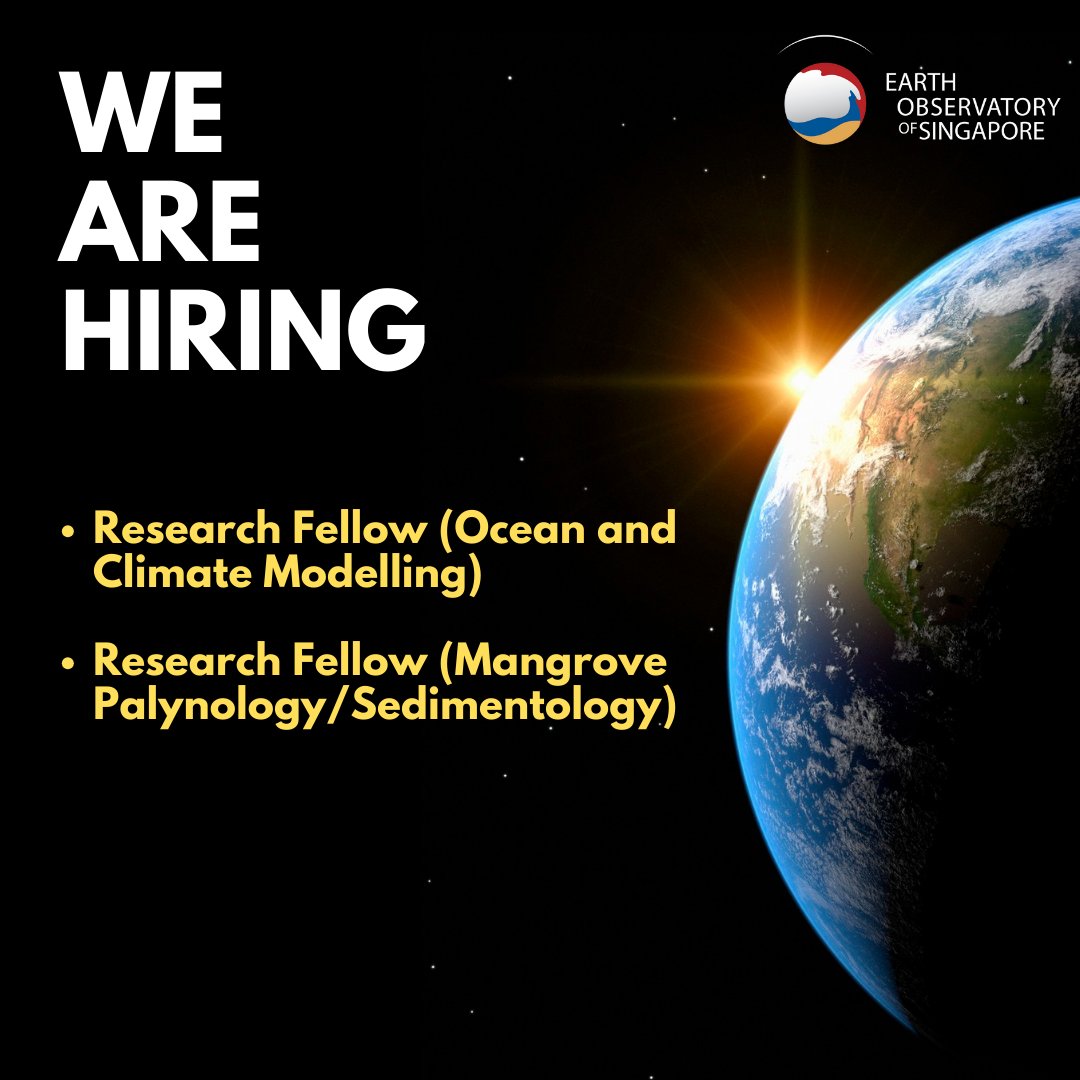 Work with us! #EOSsg is hiring two Research Fellows:

Research Fellow (Ocean and Climate Modelling) 👉bit.ly/4b7SBay

Research Fellow (Mangrove Palynology/Sedimentology) 👉bit.ly/4bcnqLx

#EOSCareers