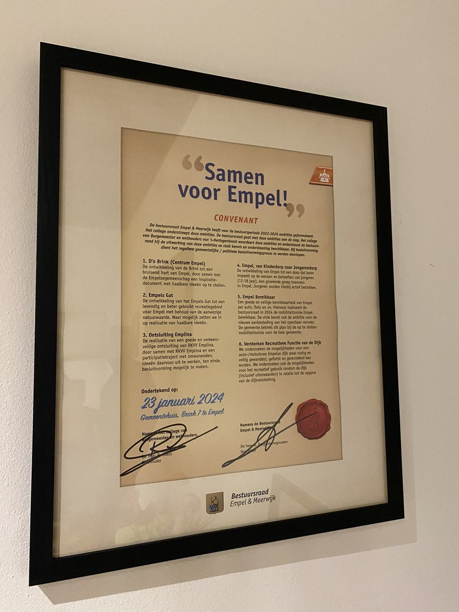 De <a href="/Bestuursraad/">BR Empel & Meerwijk</a> stelde 6 speerpunten op. Samen met <a href="/shertogenbosch/">'s-Hertogenbosch</a> gaan we samen weer een stap verder brengen. Mooi om op deze manier in #Empel het verschil te maken met #wijkgericht werken.