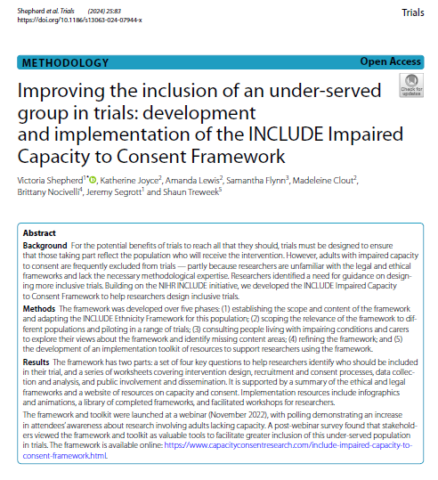📢Now out: development & implementation of the INCLUDE Impaired Capacity to Consent Framework - a tool to help researchers design trials involving this under-served group. a huge thank you to all those involved! Paper: trialsjournal.biomedcentral.com/articles/10.11… Framework: capacityconsentresearch.com/include-impair…