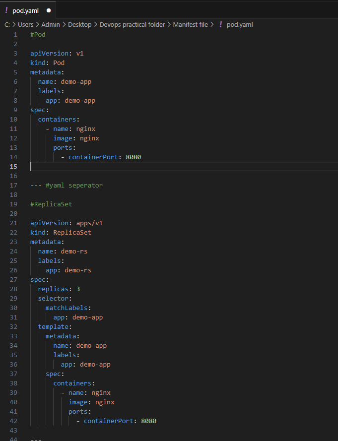 AtifInamdar9198's tweet photo. #Day16 of DevOps Journey! Created YAML files for essential resources: Pod, ReplicaSet, Deployment, Service (ClusterIP, NodePort, LoadBalancer), and namespace and how labels and selectors help expose the app. Used 'replicas' to set the count and 'type' to define service type. https://t.co/Z9riD2pctu