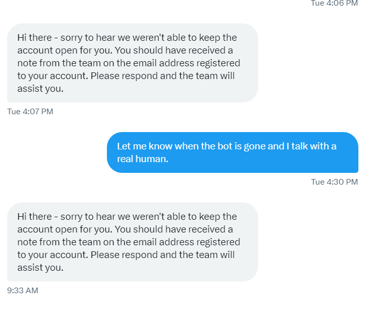 Gatonisus's tweet photo. @monese @MyMonese The reply to my DM is the reply from the bot that I have already received 5 times before: https://t.co/4IKqSUj9rD