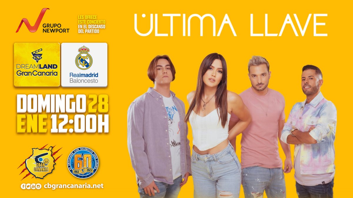 GranCanariaCB's tweet photo. 🎤 ¡Grupo Newport les trae este domingo el concierto de @UltimaLlave!

▪ El descanso del partidazo ante el Real Madrid estará amenizado por el concierto del grupo canario. ¡Un aliciente más para la gran fiesta que nos espera!

🎟 Entradas: https://t.co/frXi1k8nQv https://t.co/nwLz4wkXAX